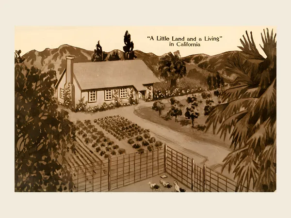 Sepia postcard of a small farmhouse with a vegetable garden, captioned A Little Land and a Living in California, about 1919