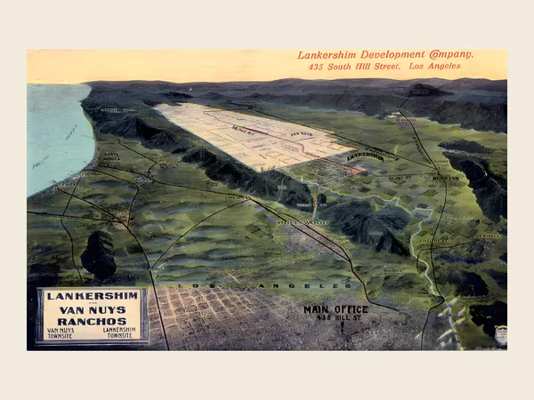 Painted bird's-eye postcard of the Lankershim and Van Nuys Ranchos in the San Fernando Valley, about 1908